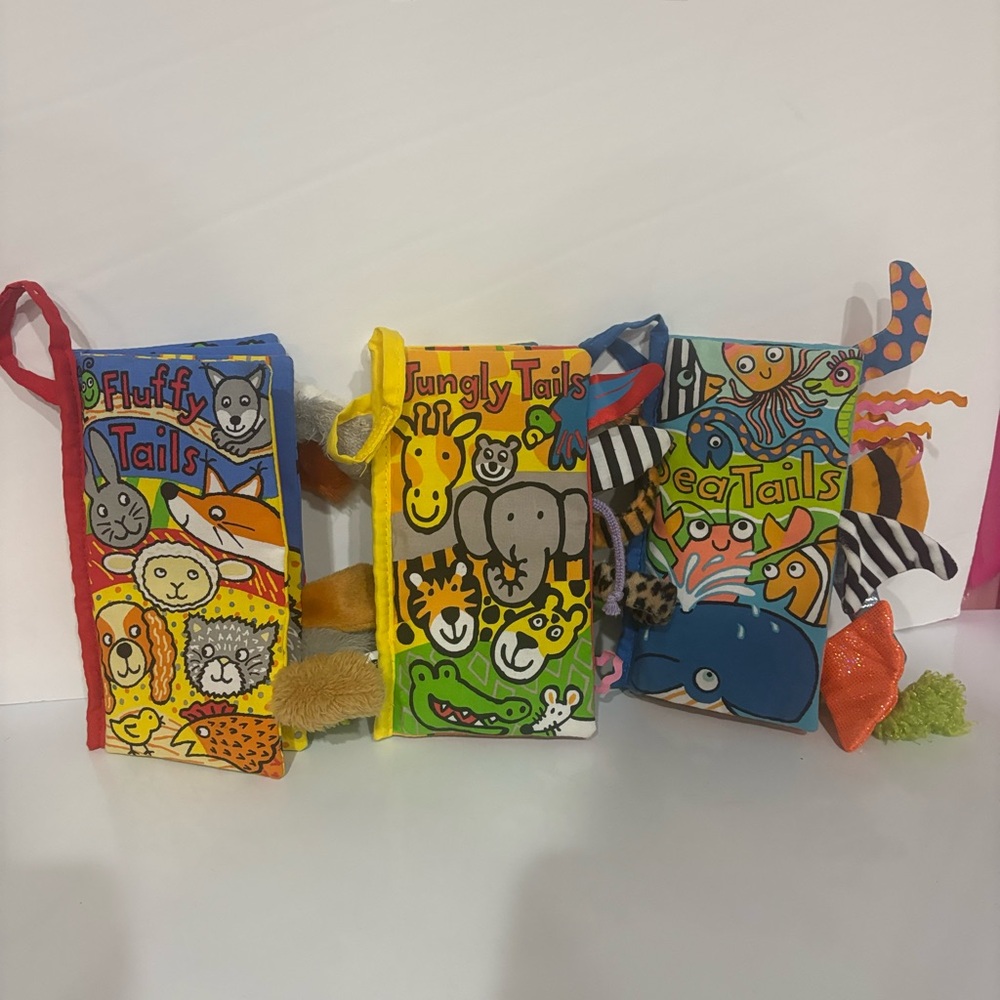 Jellycat bundle of three crinkle baby book fluffy tails, jungly tails, sea tails